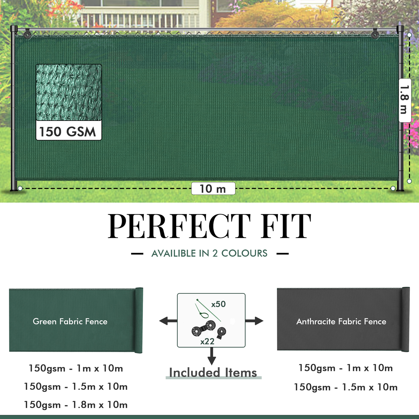 Green Fabric Fence 150gsm - 1.8m x 10m