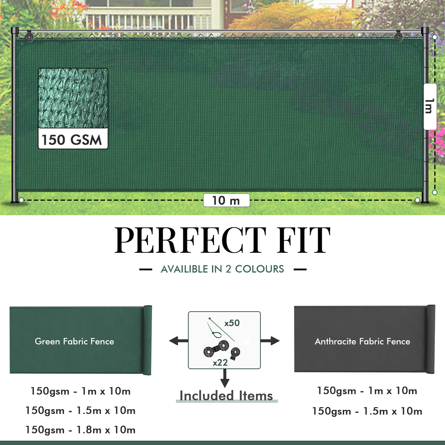 Green Fabric Fence 150gsm - 1m x 10m
