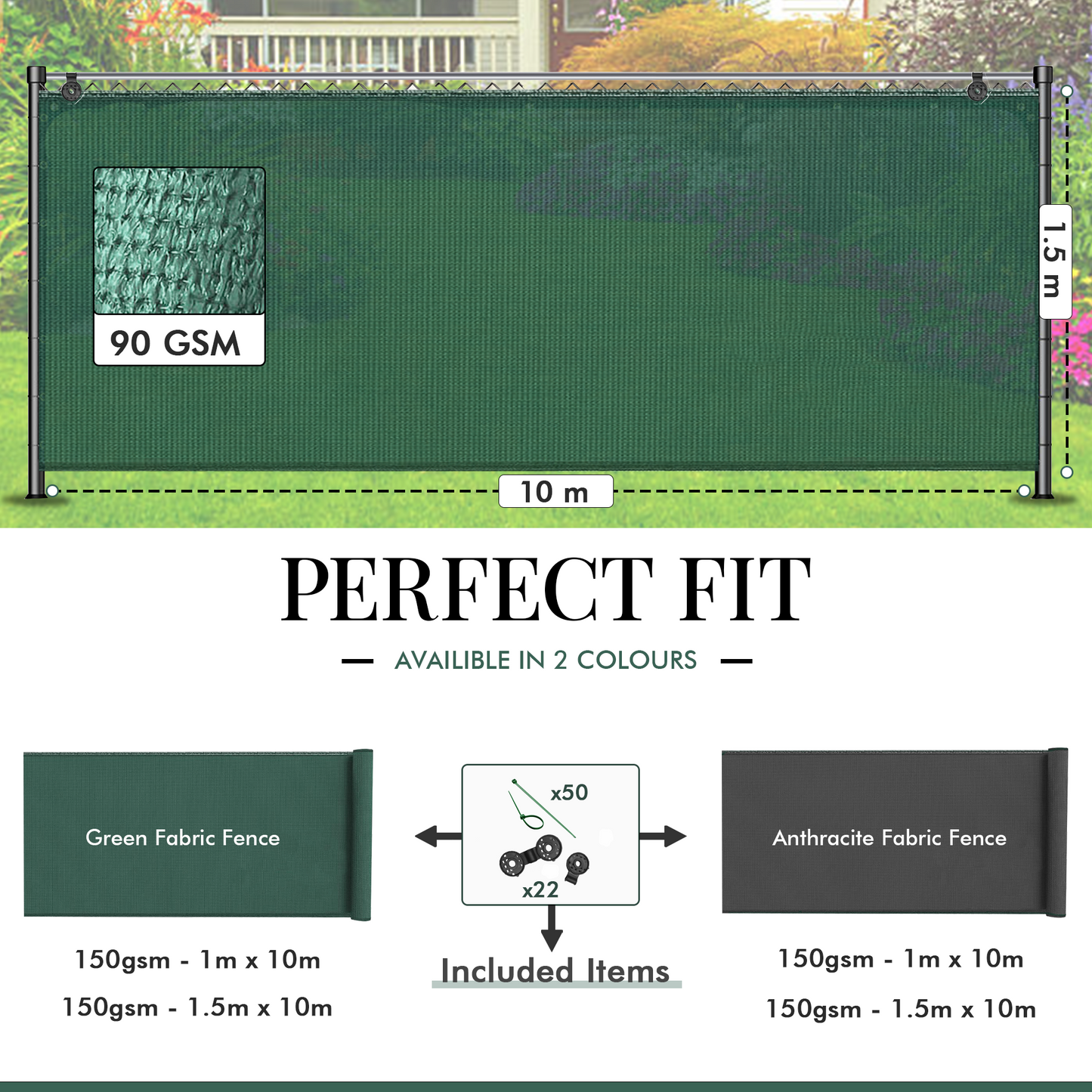 Green Fabric Fence – 1.5m x 10m, 90GSM UV-Stabilized Garden Privacy Screen