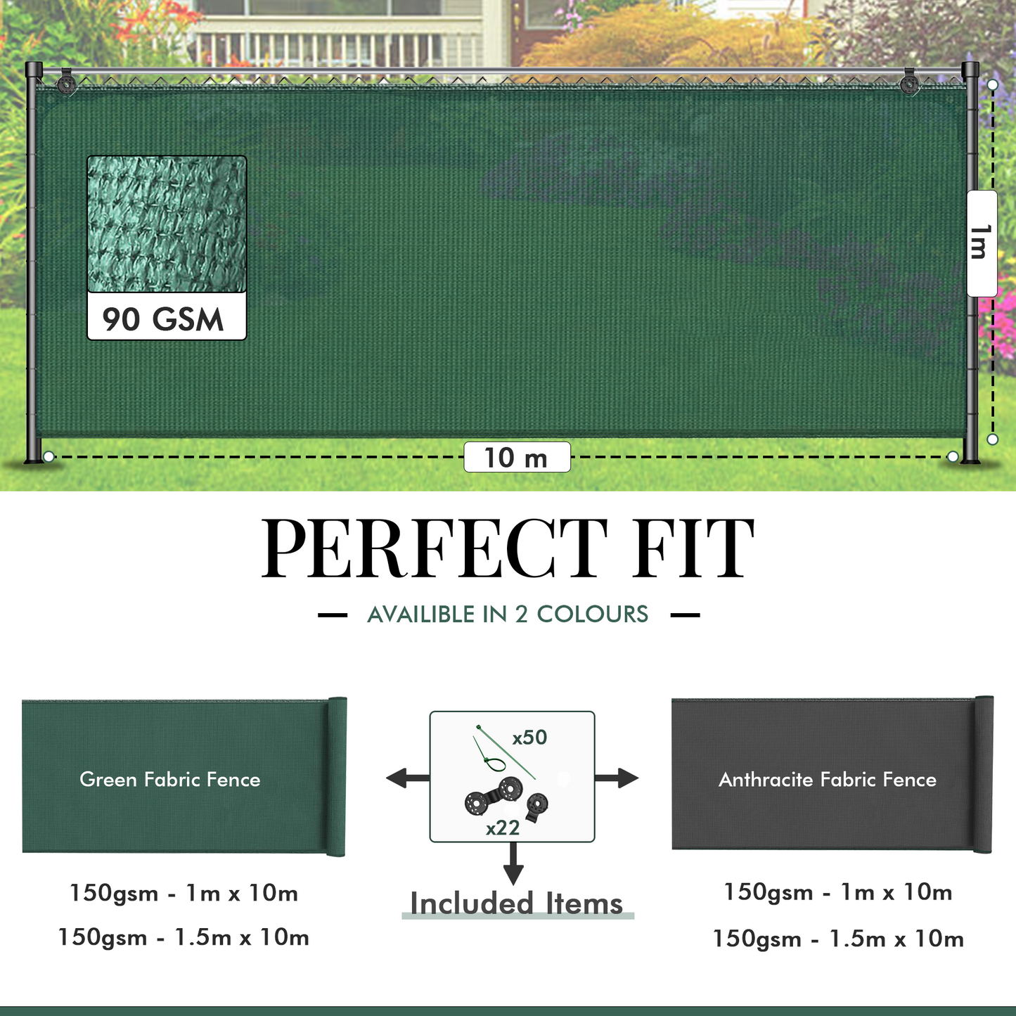 Green Fabric Fence – 1m x 10m, 90GSM UV-Stabilized Garden Privacy Screen