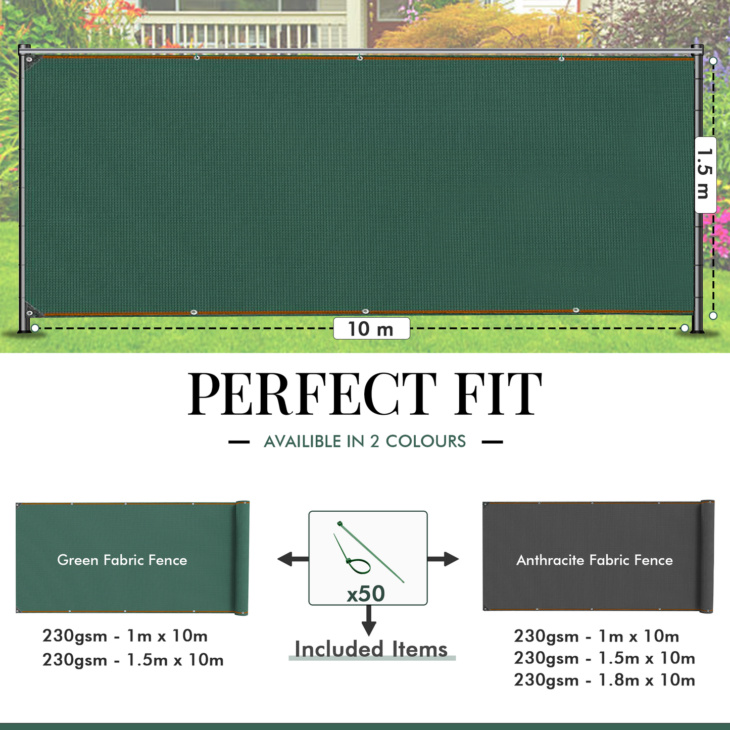 Anthracite Fabric Fence 150gsm - 1.5m x 10m