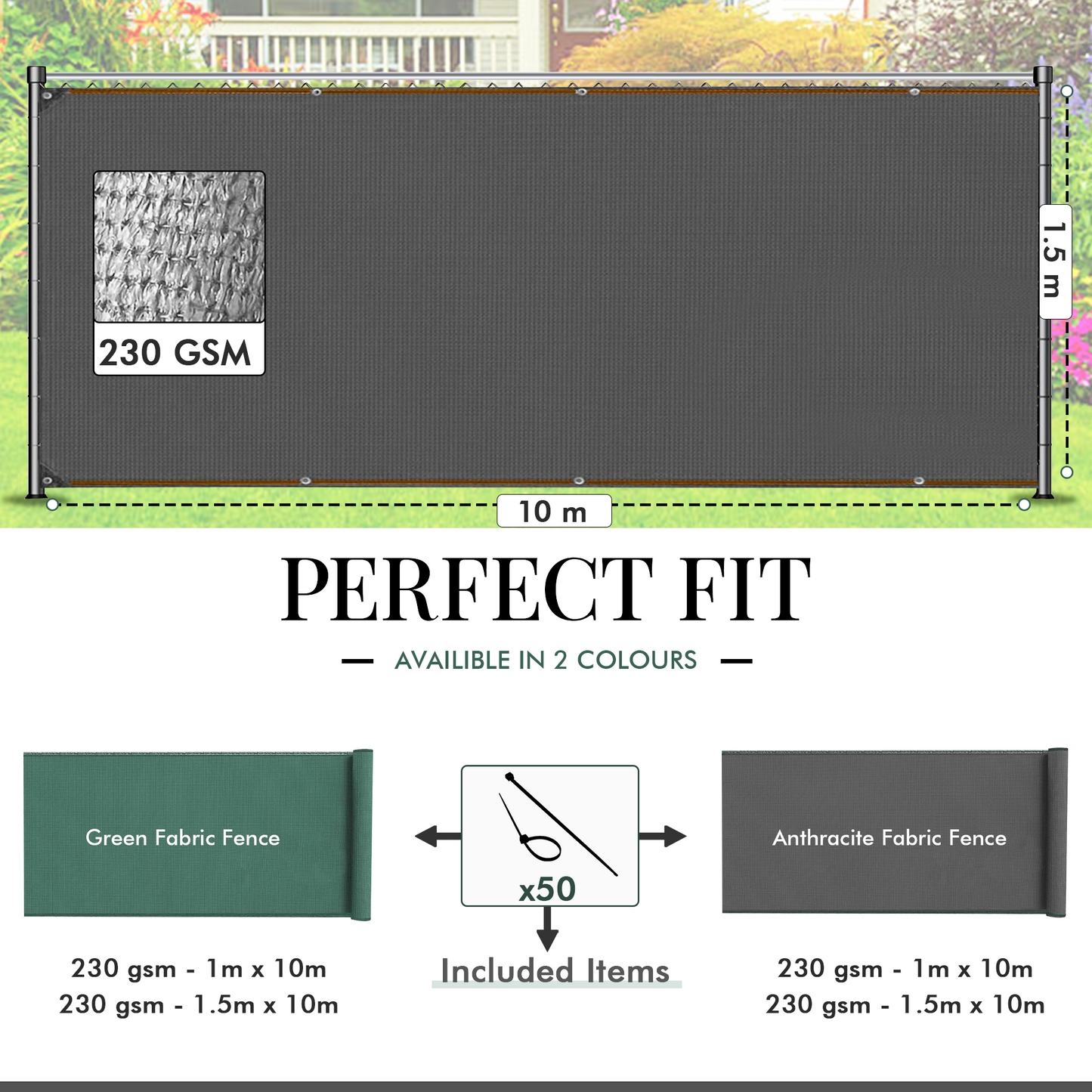 Anthracite Fabric Fence 230gsm - 1.5m x 10m