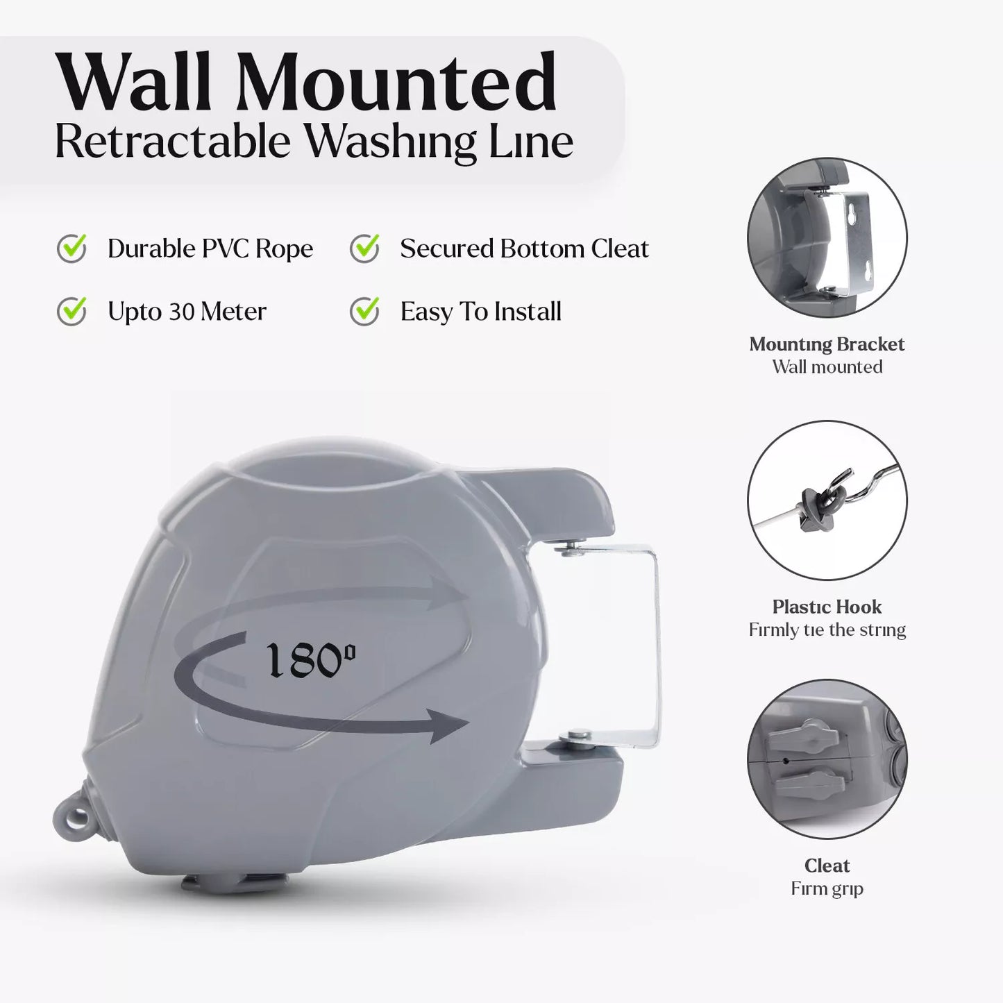 30m Grey Retractable Washing Reel Line Clothes Double Laundry Wall Mounted Drying Outdoor