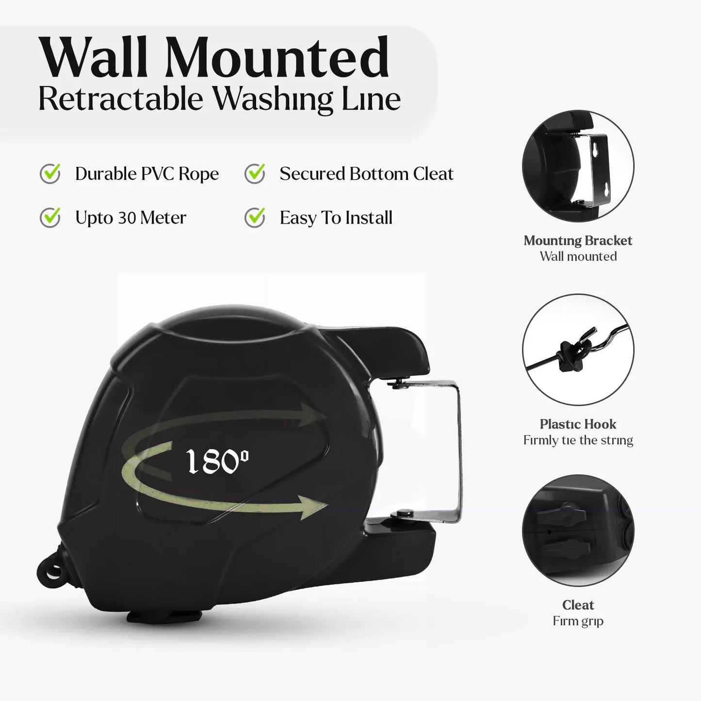 30M Retractable Washing Line - Black