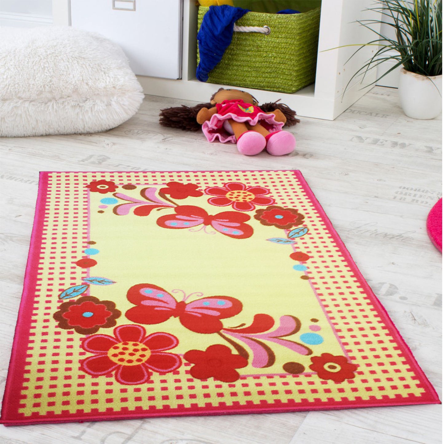 Kids Rug - Pink Flowers/Butterfly 80 x 120cm(KMPINKF&B-80120)