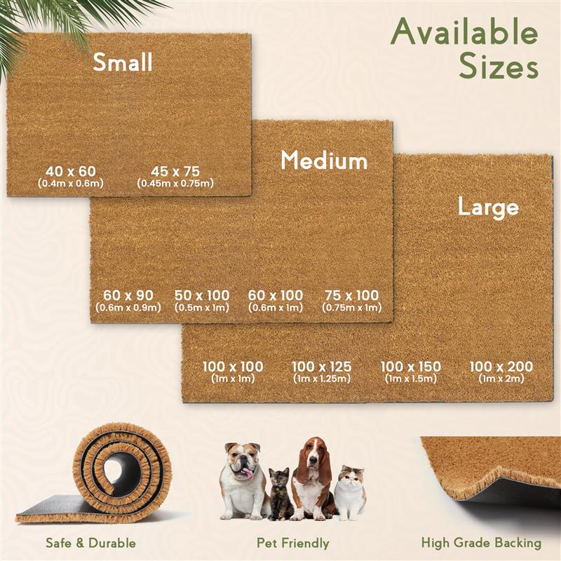 Coir Matting Natural Coir Entrance Door Mat Indoor Outdoor - Non-Slip Doormat with thick Bristle & Heavy Duty Rubber Back (100 X 125 CM))