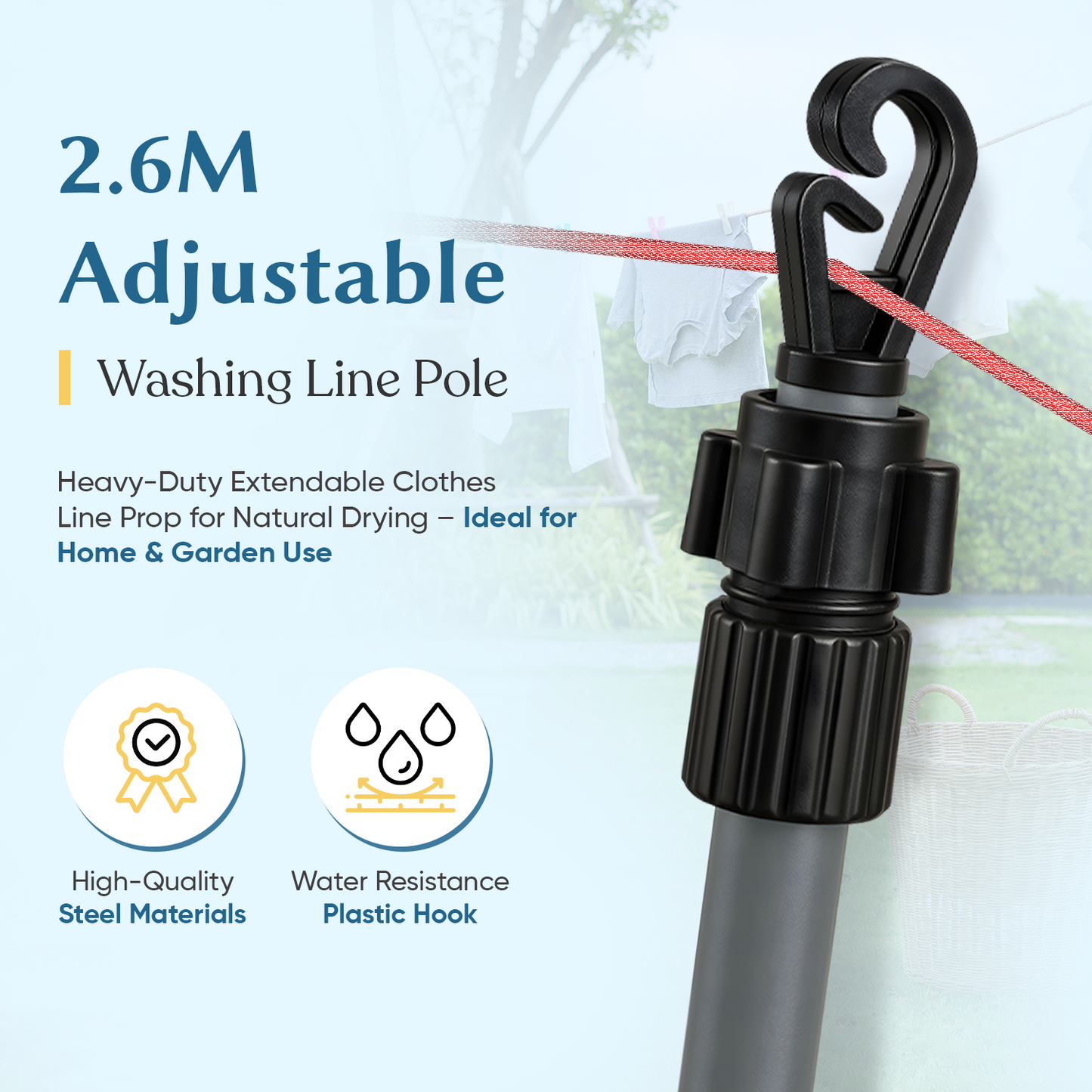 Extendable Heavy Duty Galvanised Clothes Prop Washing Line Pole 2.6m Outdoor