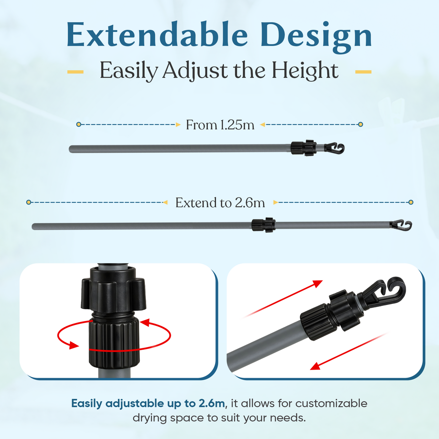 Extendable Heavy Duty Galvanised Clothes Prop Washing Line Pole 2.6m Outdoor