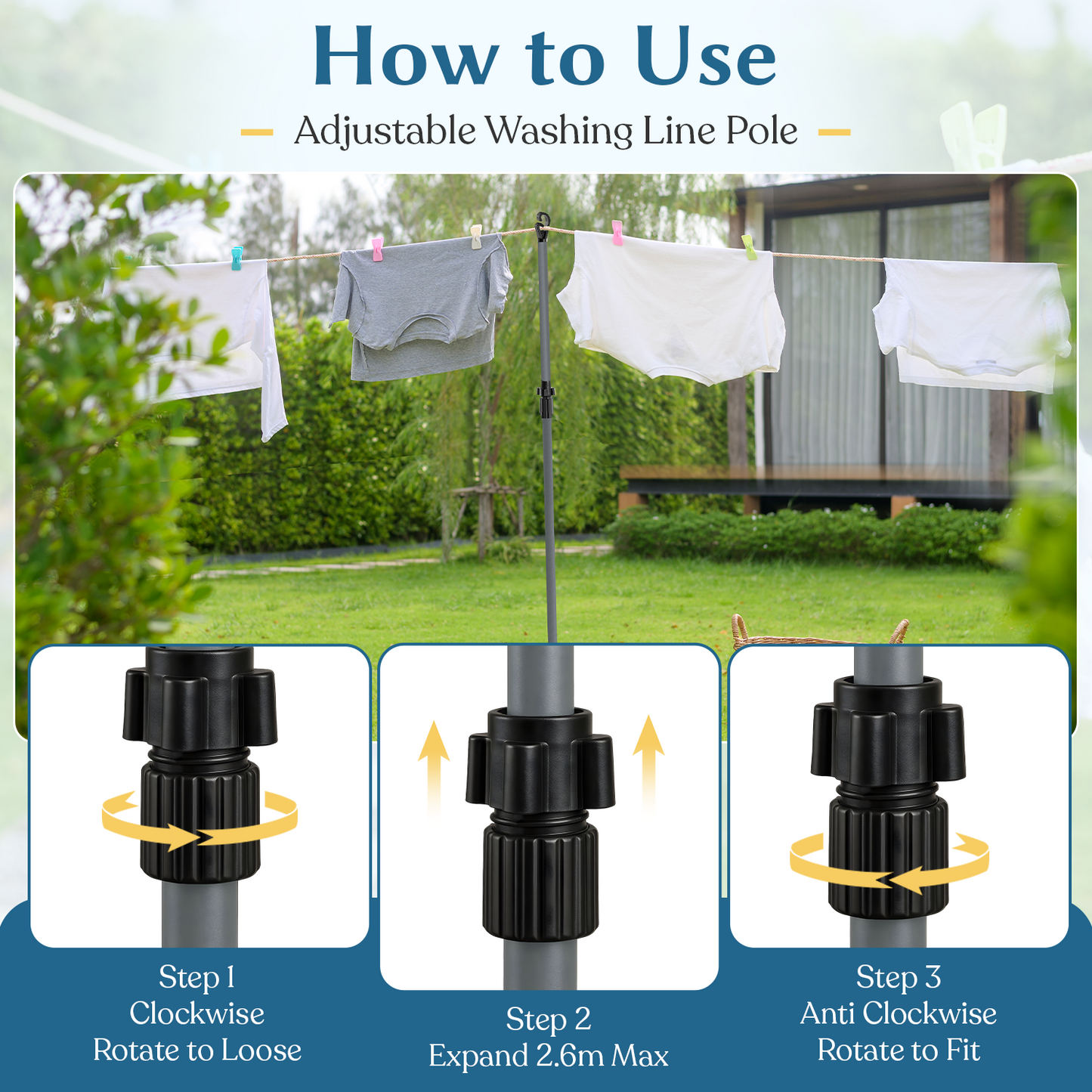 Extendable Heavy Duty Galvanised Clothes Prop Washing Line Pole 2.6m Outdoor