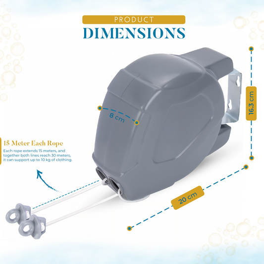 30m Grey Retractable Washing Reel Line Clothes Double Laundry Wall Mounted Drying Outdoor