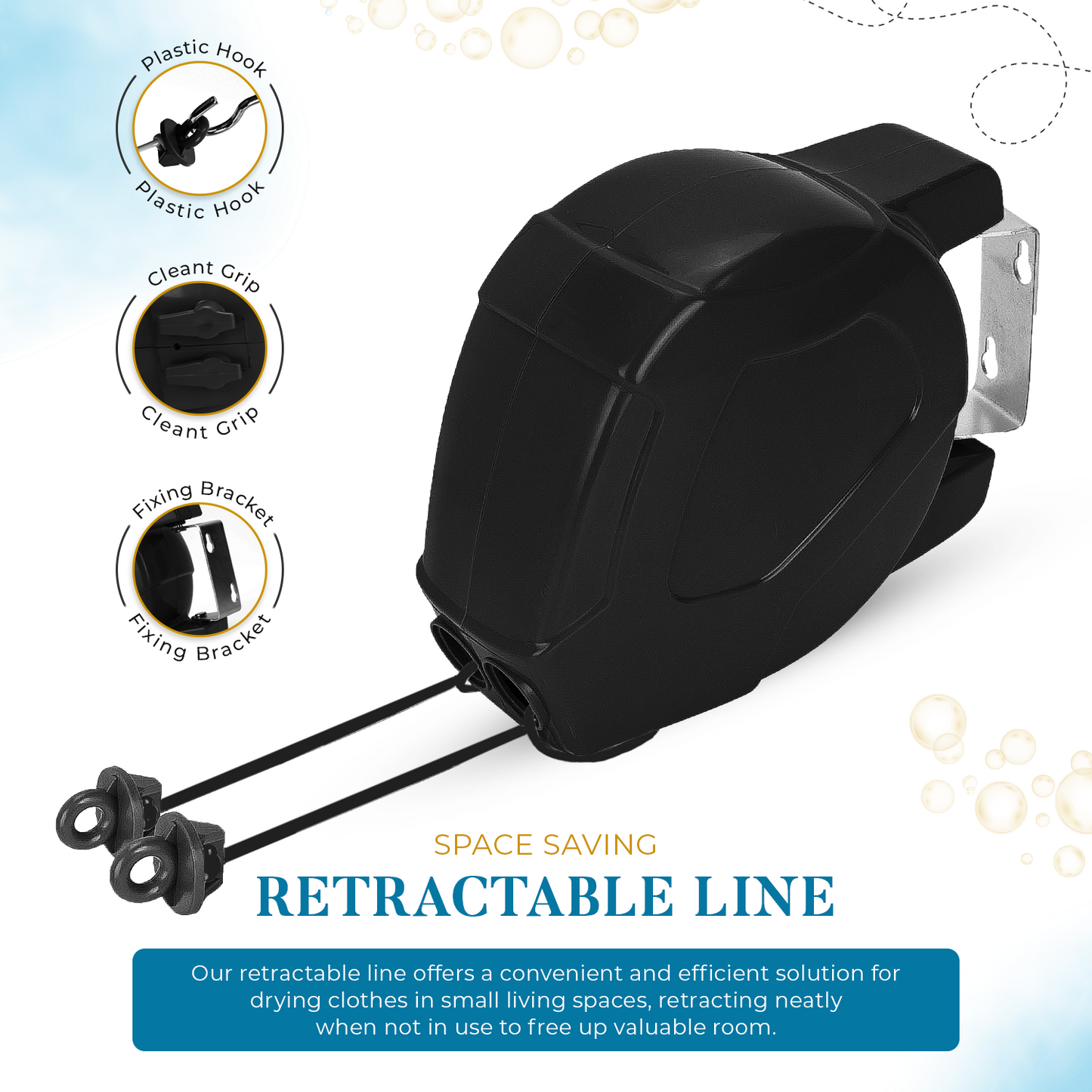 30M Retractable Washing Line - Black