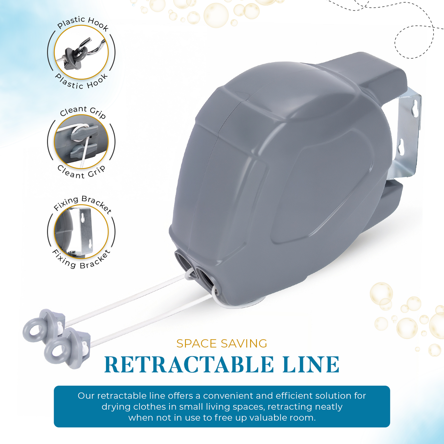 30m Grey Retractable Washing Reel Line Clothes Double Laundry Wall Mounted Drying Outdoor