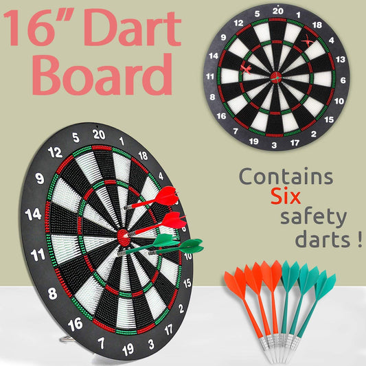 16" Dart Board With 6 Soft Tip Safety Darts-Plastic Tips - Indoor, Outdoor Game Toy (SI-MDB19)